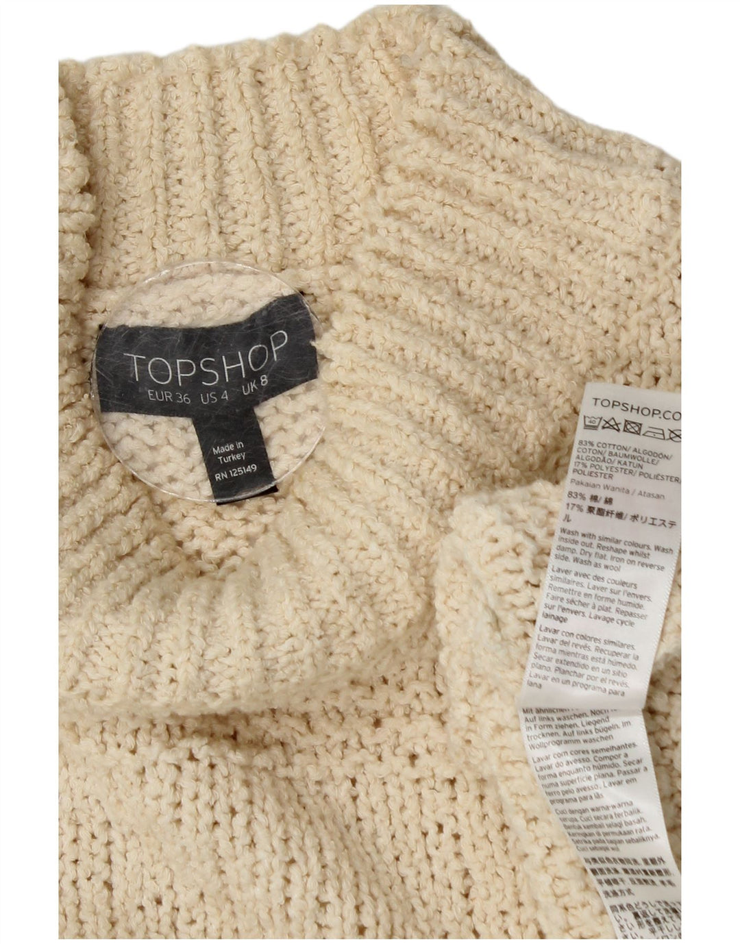 Maglione maglione oversize da donna con collo alto Topshop UK 8 piccolo bianco sporco
