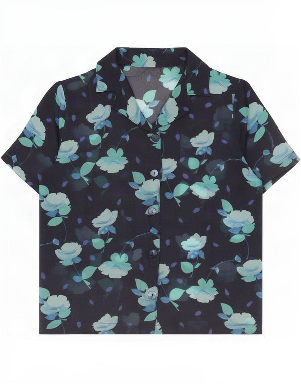 Camicetta vintage da donna a maniche corte UK 14 Blu navy medio floreale