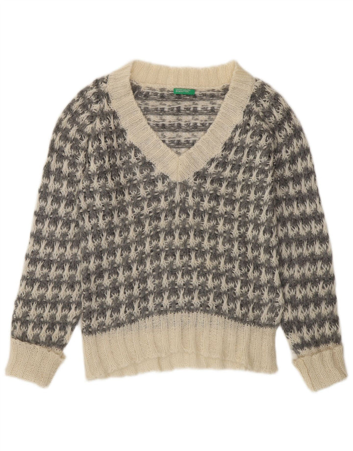 Maglione da donna con scollo a V Benetton UK 14 pied de poule grigio medio