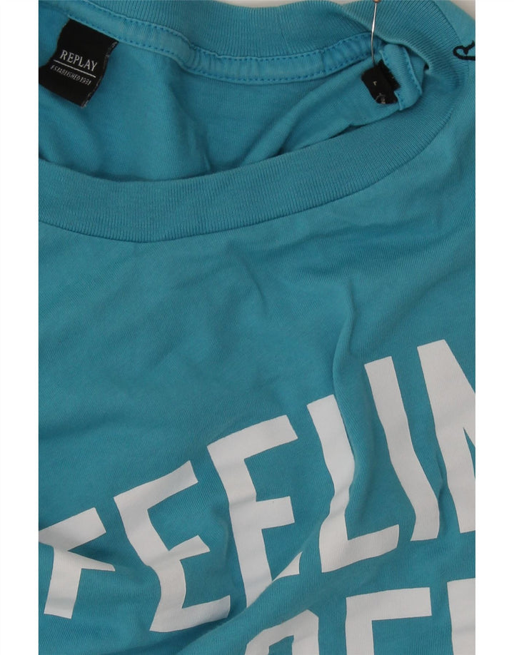 REPLAY Mens Graphic T-Shirt Top Large Blue Vintage Replay and Second-Hand Replay from Messina Hembry 