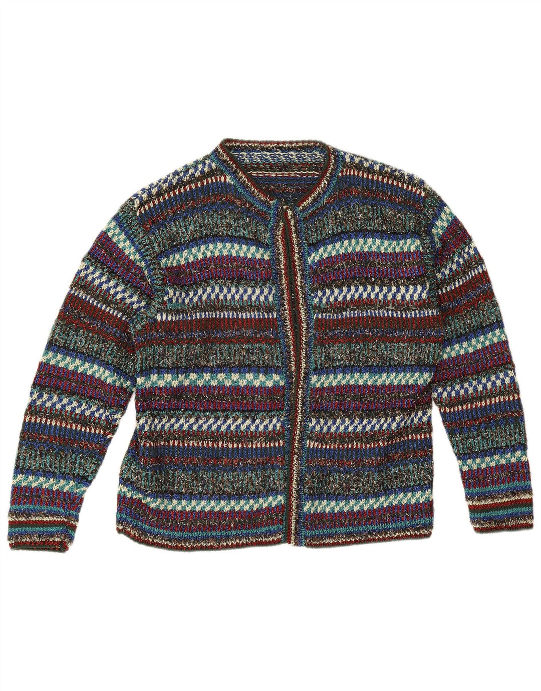 Maglione cardigan aperto da donna vintage UK 12 a righe multicolori medie