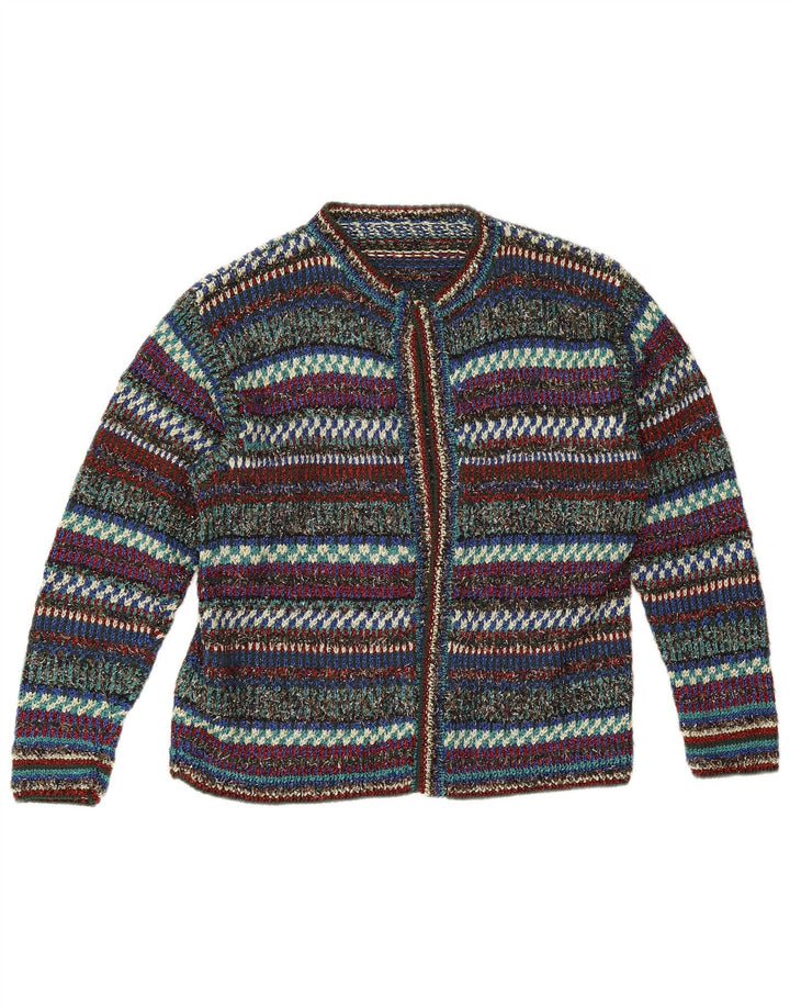 Maglione cardigan aperto da donna vintage UK 12 a righe multicolori medie