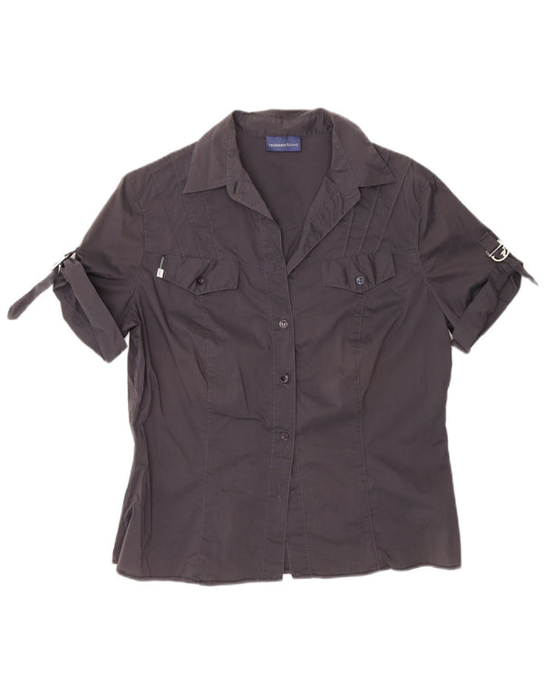 Camicia Militare Trussardi Donna Manica Corta UK 12 Medio Blu Navy Cotone