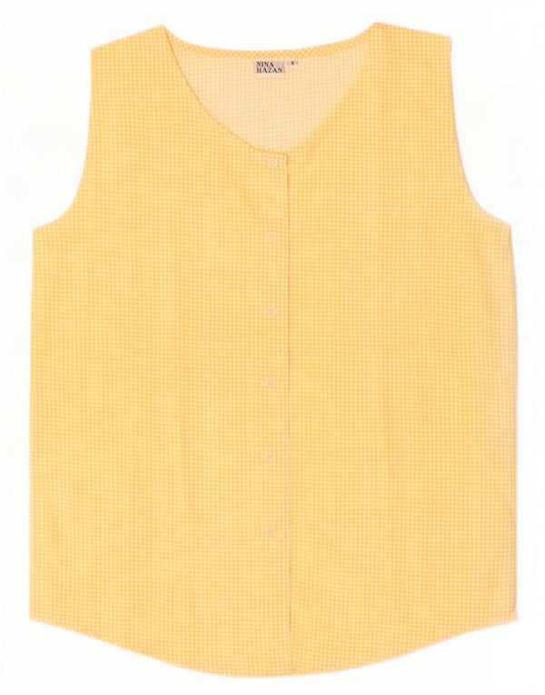 Camicetta camicia senza maniche oversize da donna vintage UK 10 piccoli quadri gialli