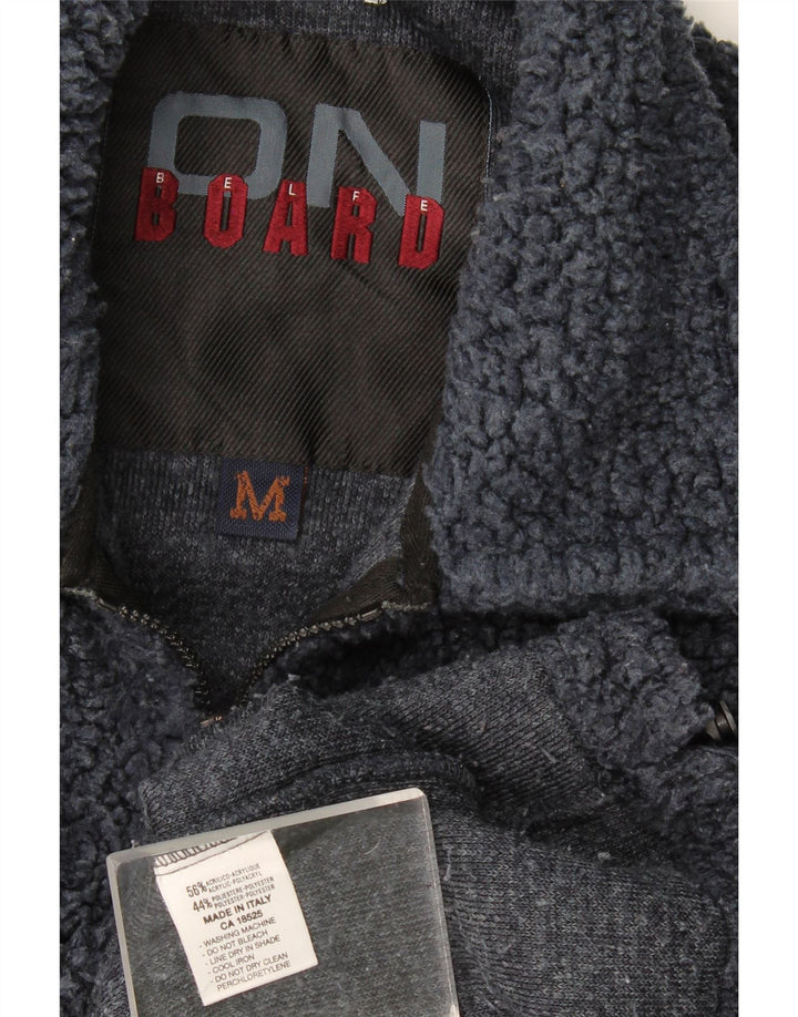 Belfe Maglione in pile da uomo con collo a polo grafico oversize medio blu navy