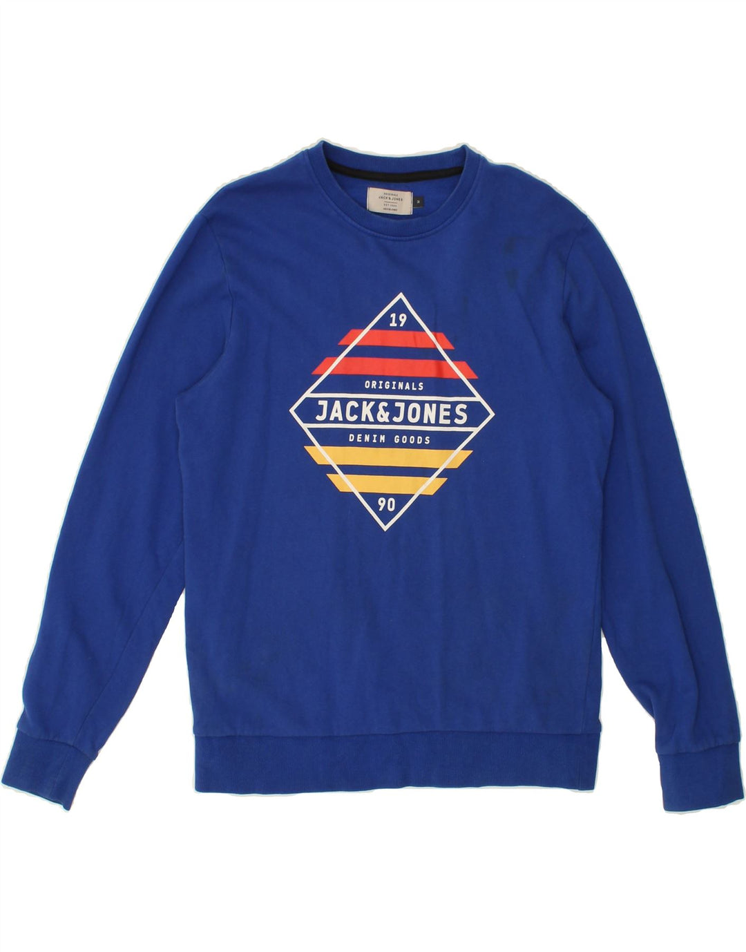 JACK & JONES Mens Graphic Sweatshirt Jumper Medium Blue Cotton Vintage Jack & Jones and Second-Hand Jack & Jones from Messina Hembry 
