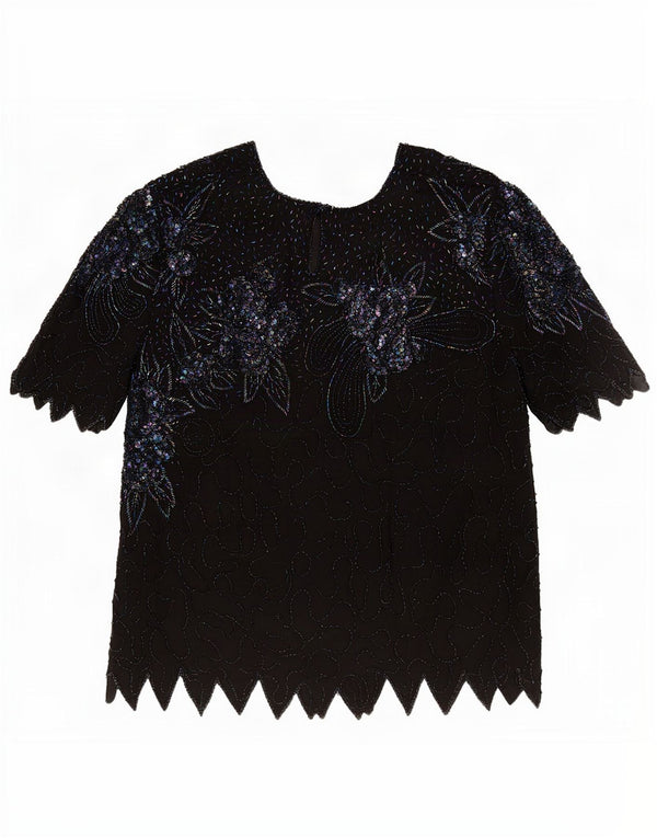 Camicetta da sera vintage da donna Top UK 18 XL Seta floreale nera