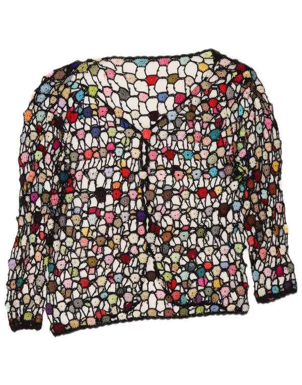 Top cardigan all'uncinetto da donna vintage UK 14 floreale multicolore medio