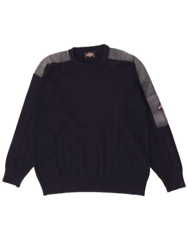 Maglione maglione girocollo da uomo vintage in lana blu navy medio