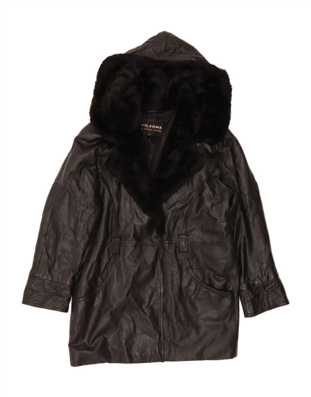 WILSONS Womens Loose Fit Hooded Leather Coat UK 14 Medium Black Leather Vintage Wilsons and Second-Hand Wilsons from Messina Hembry 