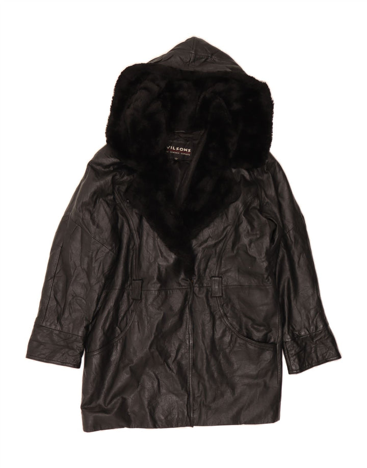 WILSONS Womens Loose Fit Hooded Leather Coat UK 14 Medium Black Leather Vintage Wilsons and Second-Hand Wilsons from Messina Hembry 
