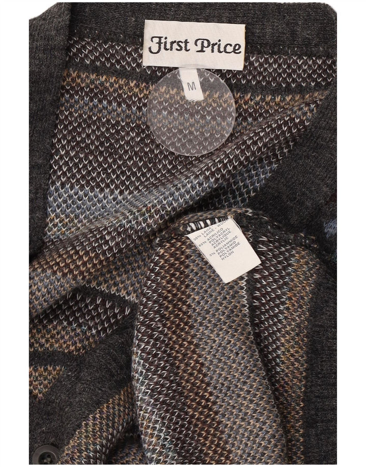 Maglione cardigan da uomo vintage in lana geometrica grigio medio