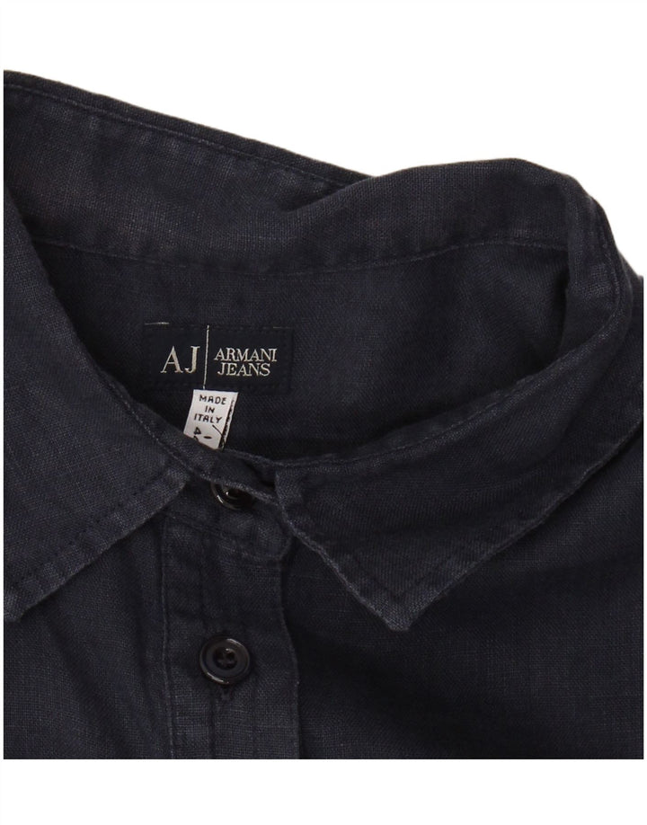 ARMANI JEANS Camicia a maniche corte da donna UK 14 Lino blu navy medio