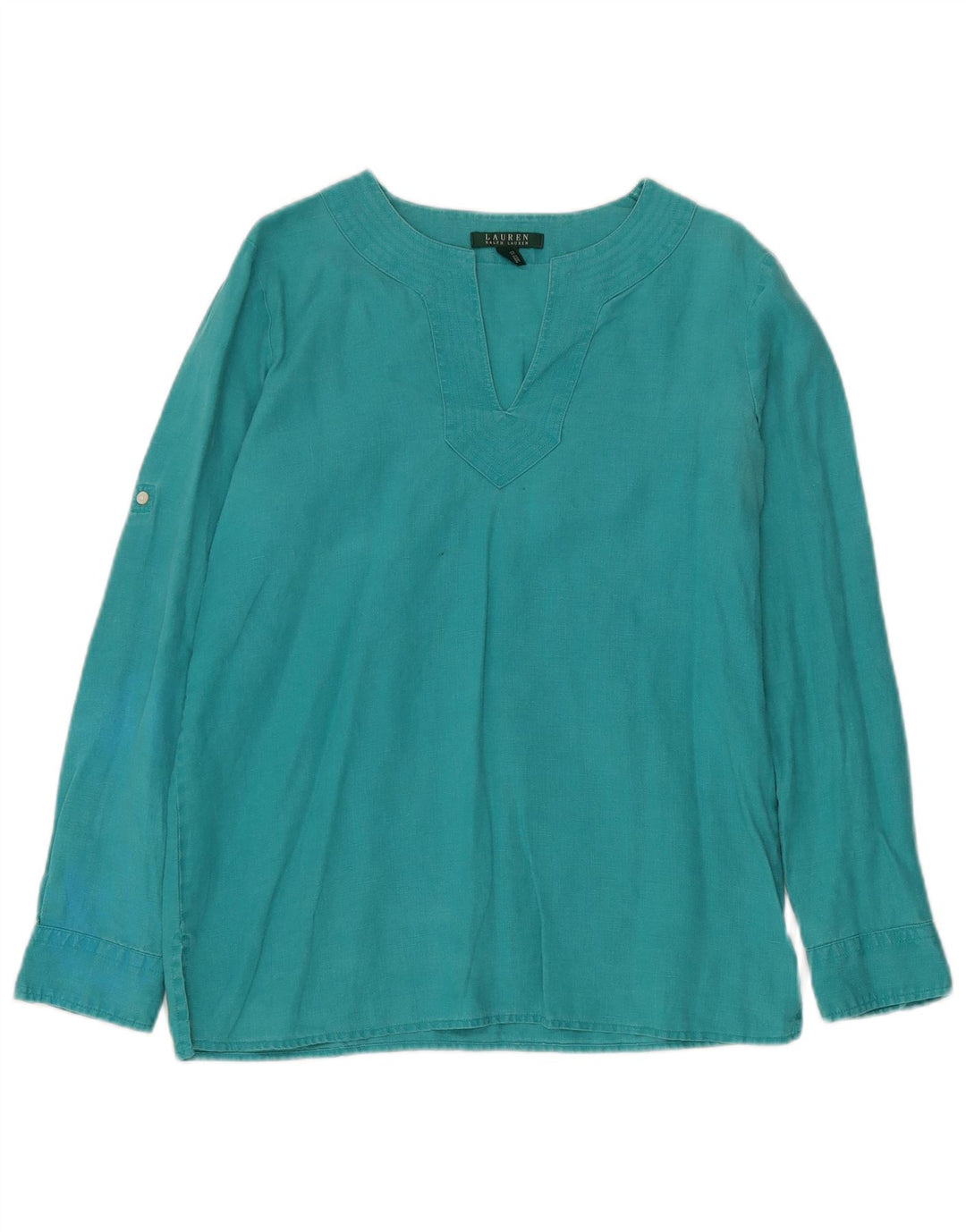 RALPH LAUREN Camicetta a maniche lunghe da donna Top UK 14 Lino turchese medio