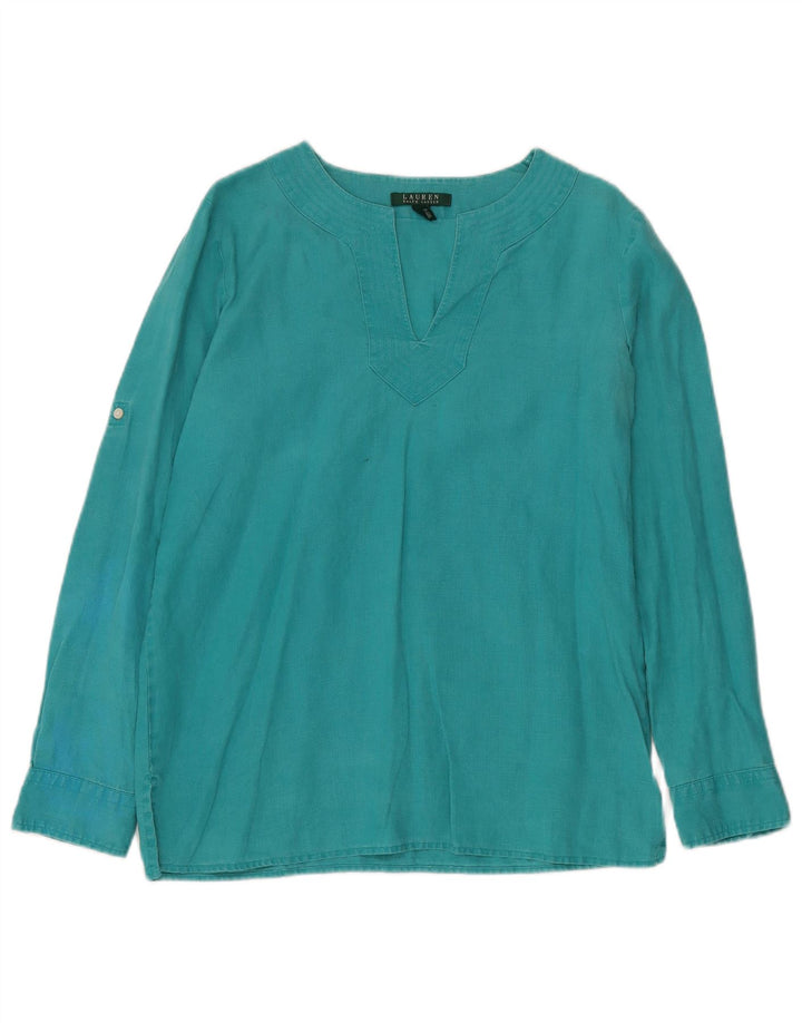 RALPH LAUREN Camicetta a maniche lunghe da donna Top UK 14 Lino turchese medio