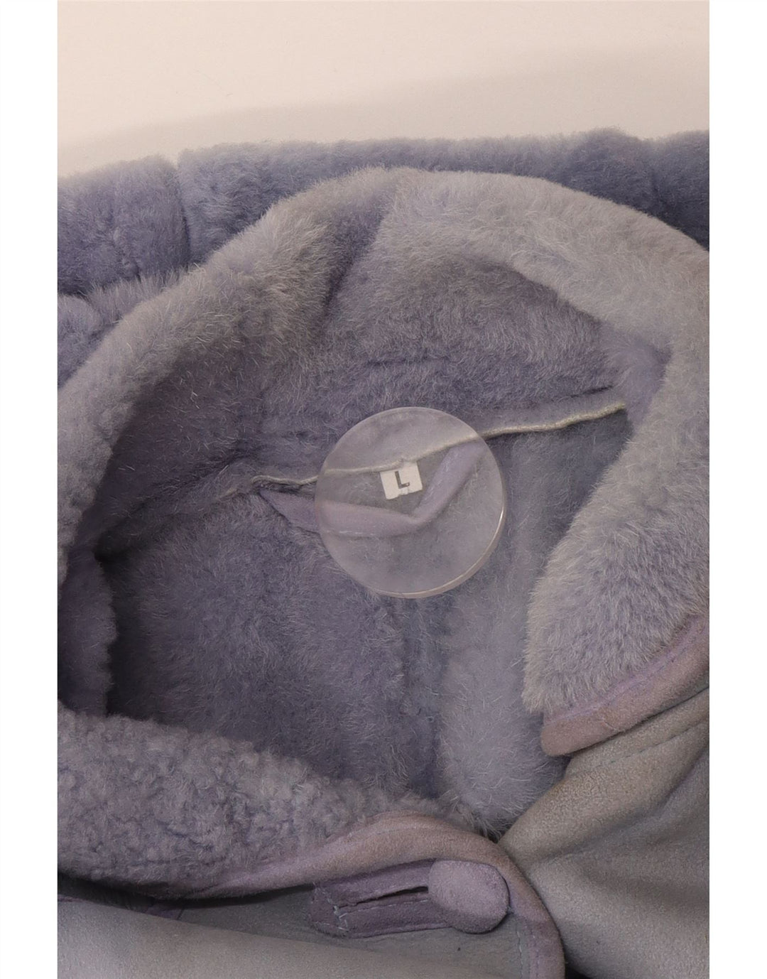 Giacca vintage in shearling con cappuccio da donna UK 16 grande patchwork viola