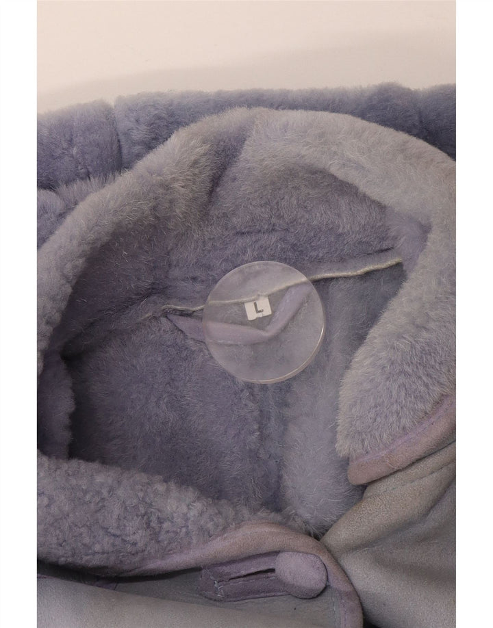 Giacca vintage in shearling con cappuccio da donna UK 16 grande patchwork viola