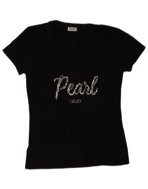 LIU JO Womens Pearl Graphic T-Shirt Top UK 10 Small Black Cotton