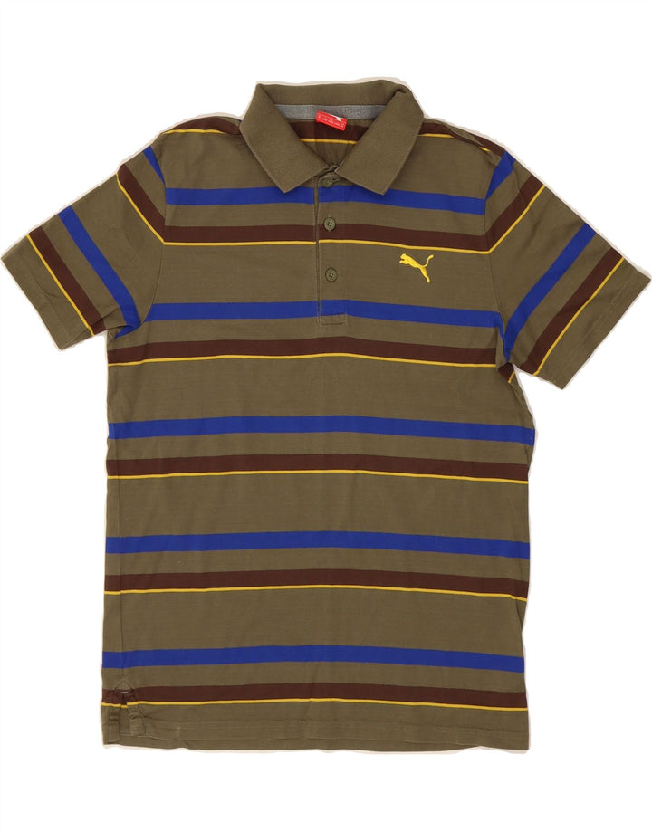 PUMA Mens Polo Shirt Medium Khaki Striped Cotton Vintage Puma and Second-Hand Puma from Messina Hembry 