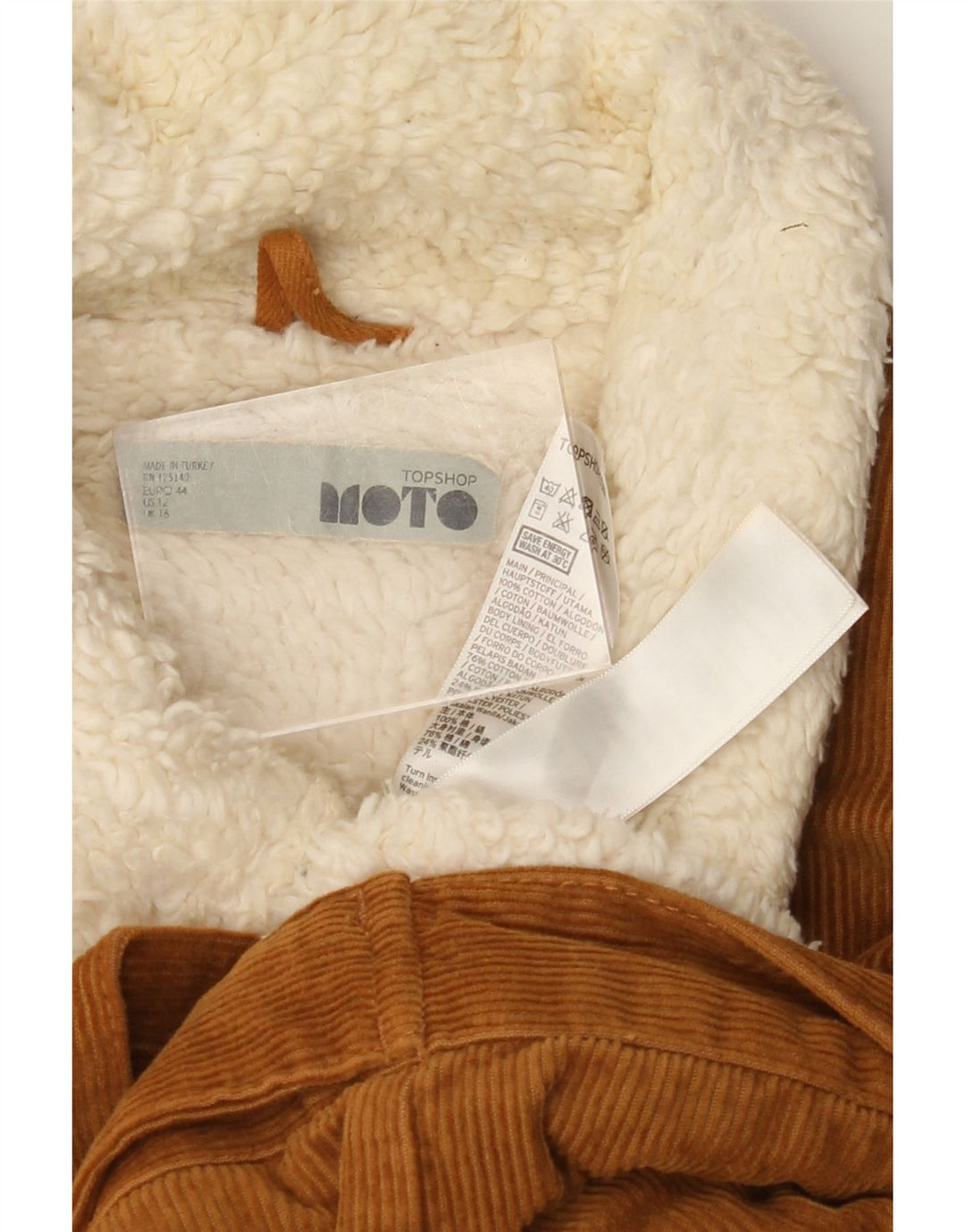 TOPSHOP Giacca da donna Sherpa in velluto a coste UK 16 grande cotone marrone