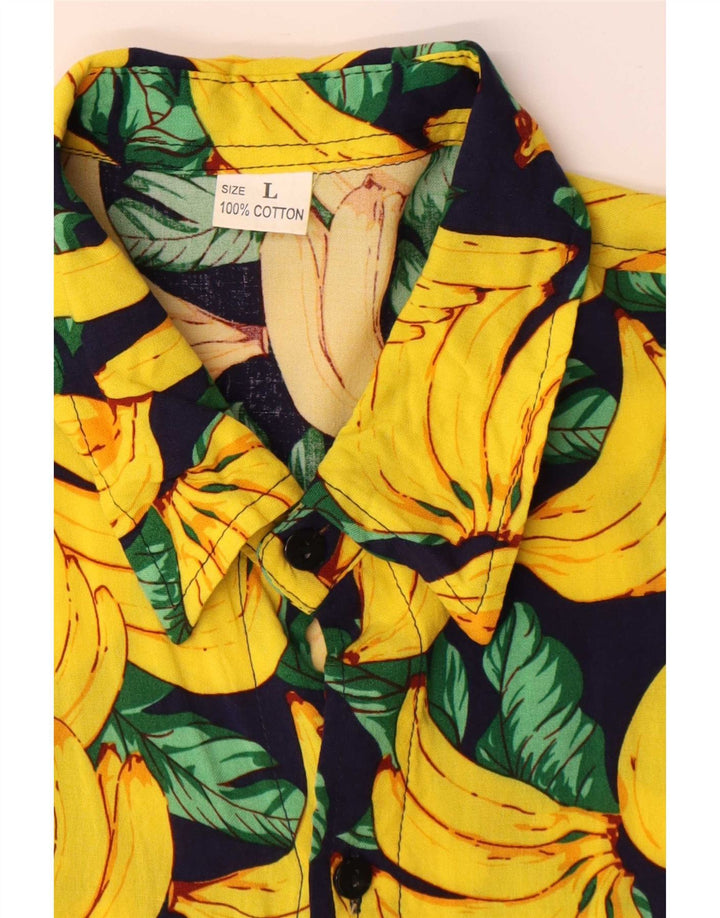 Camicia a maniche corte vintage da uomo con motivo astratto, grande in cotone giallo