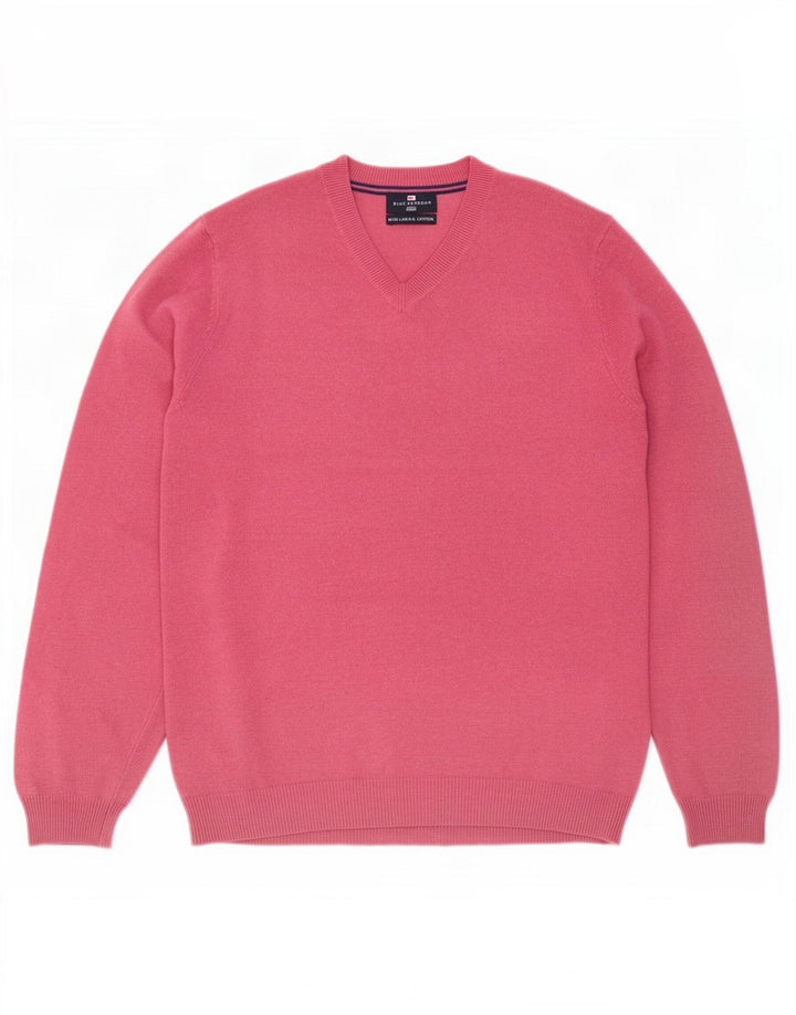 Marks & Spencer Maglione da uomo con scollo a V blu Harbour, grande lino rosa