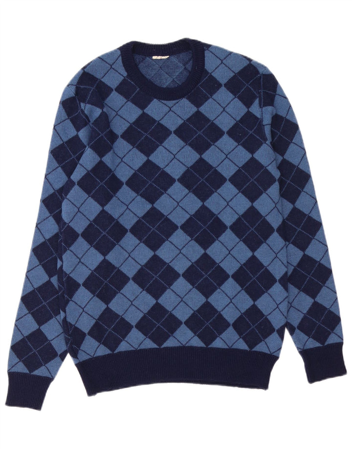Maglione maglione girocollo da uomo vintage medio blu navy a rombi/diamante