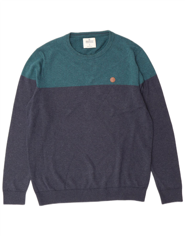 SPRINGFIELD Mens Crew Neck Jumper Sweater Large Green Colourblock Cotton