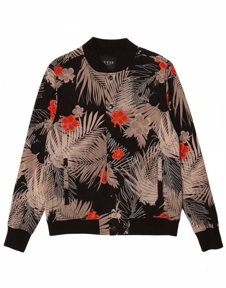 GUESS Mens Bomber Jacket UK 38 Medium Black Floral Cotton