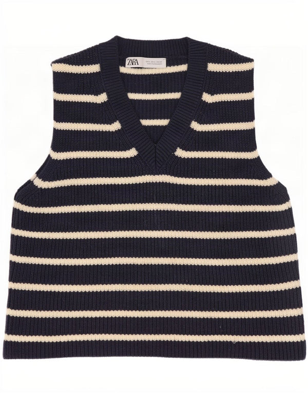 Canotta corta da donna Zara UK 10 piccola in cotone a righe blu navy