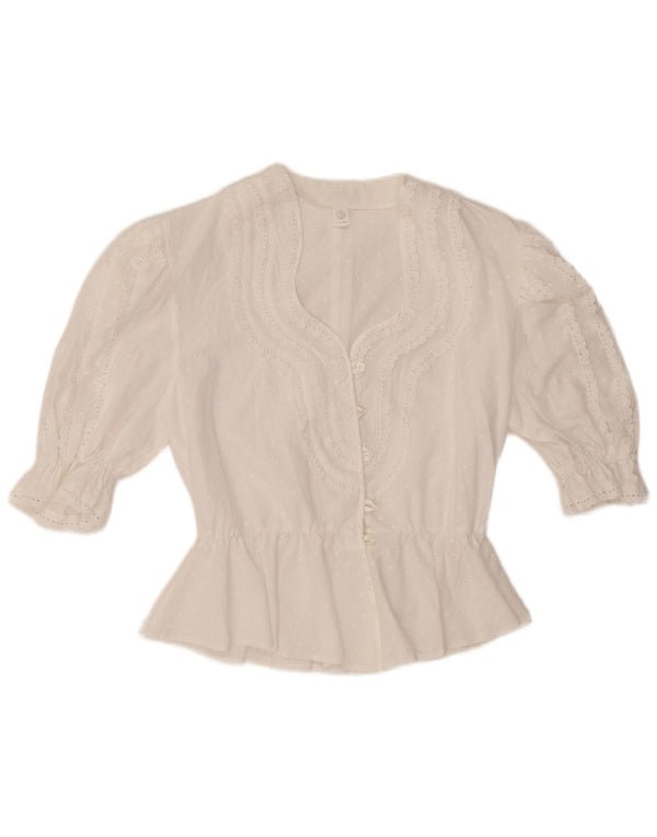 Camicetta camicia a maniche corte da donna VINTAGE UK 14 medio bianco maculato