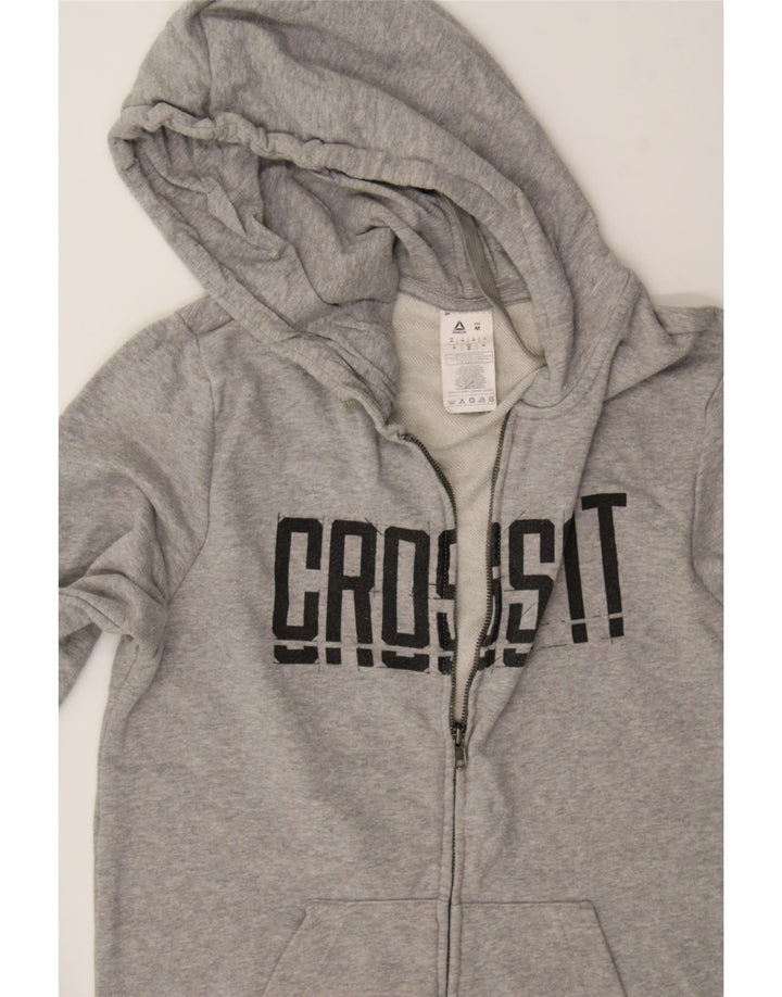 REEBOK Mens Cross Fit Graphic Zip Hoodie Sweater Medium Grey Flecked Vintage Reebok and Second-Hand Reebok from Messina Hembry 