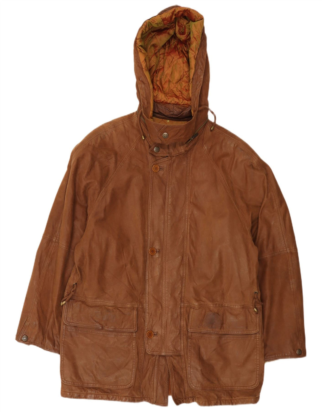 Cappotto in pelle con cappuccio vintage da uomo UK 40 grande marrone