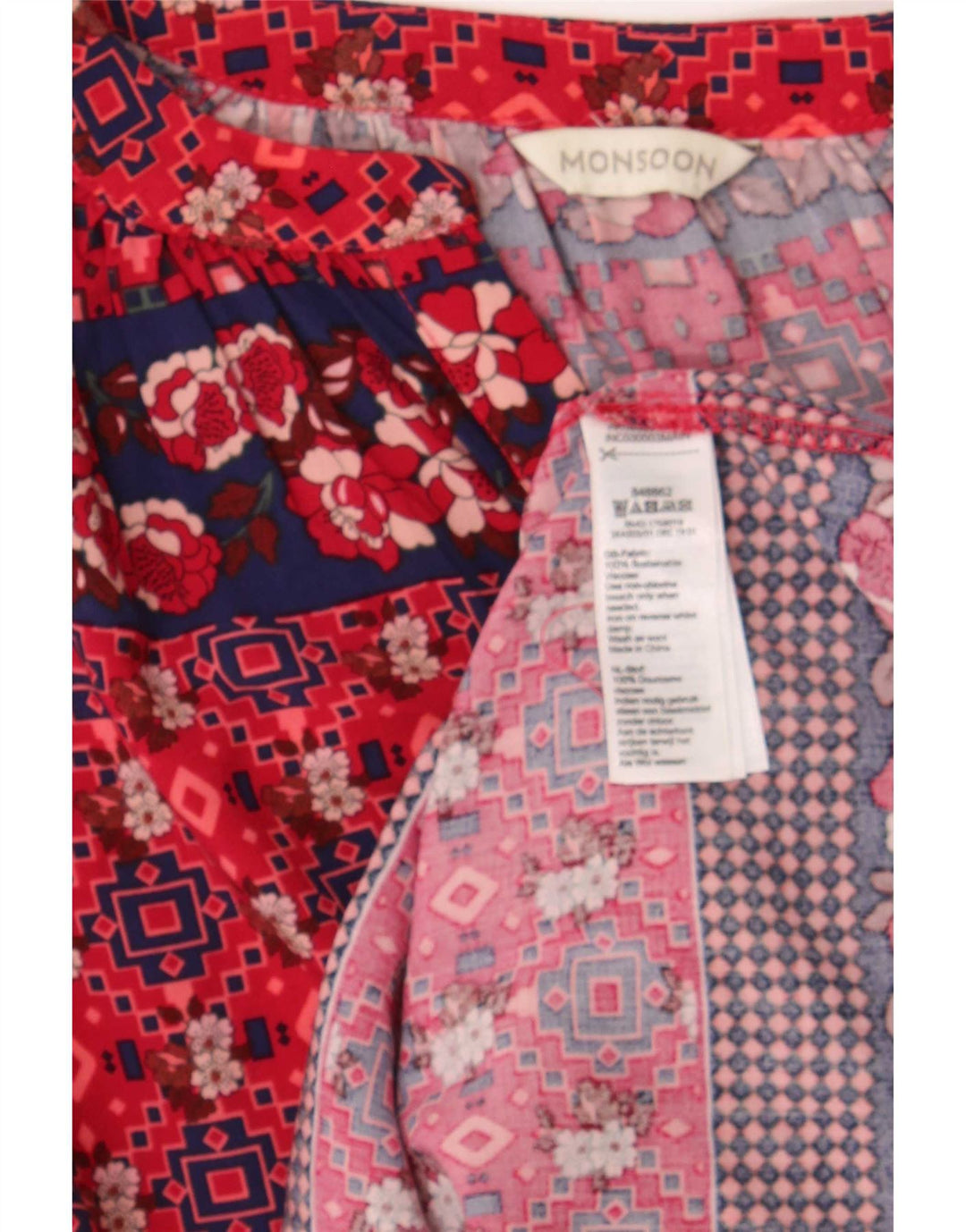 Monsoon Camicetta a maniche lunghe da donna Top UK 14 Grande Viscosa geometrica rossa