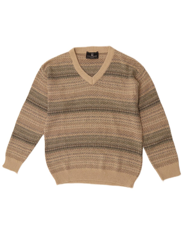 Maglione vintage da uomo con scollo a V a righe beige medio