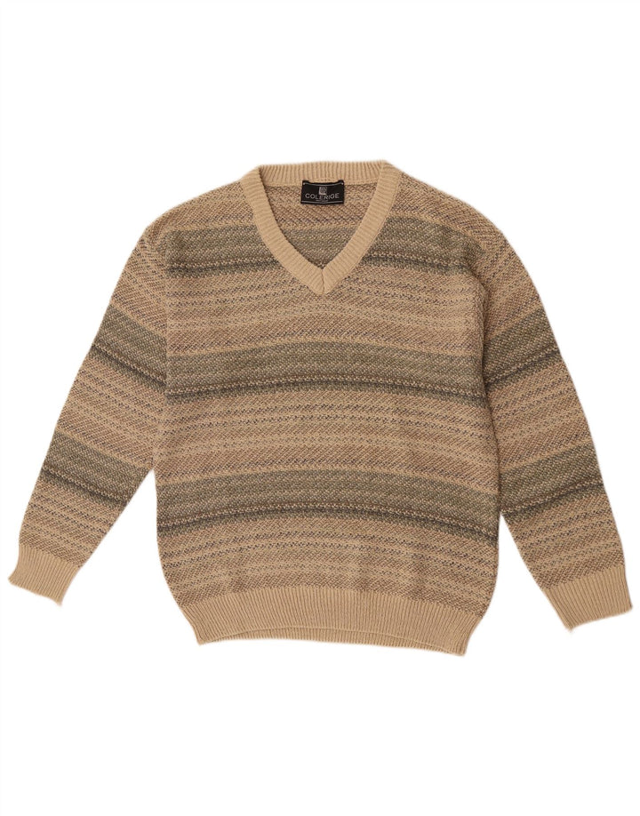 Maglione vintage da uomo con scollo a V a righe beige medio