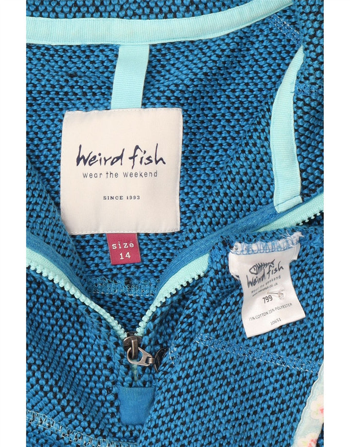 Felpa da donna con collo con zip Weird Fish, maglione, UK 14, grande cotone blu