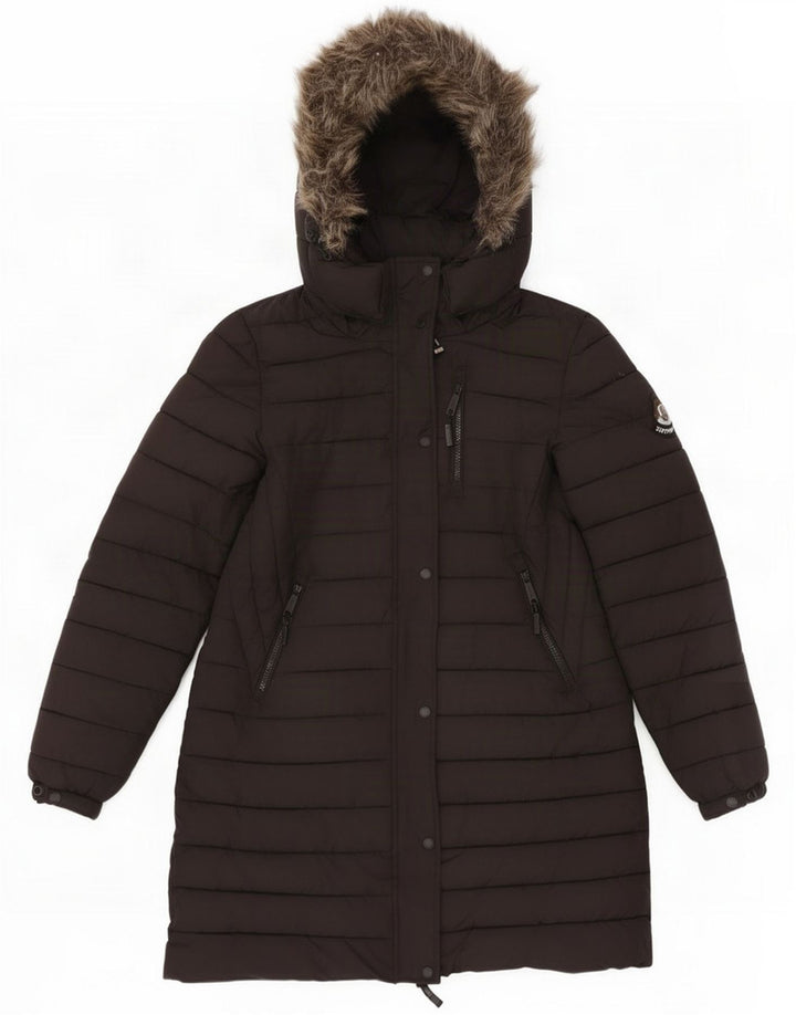 Cappotto imbottito con cappuccio da donna Superdry UK 12 Medio Nero Poliestere