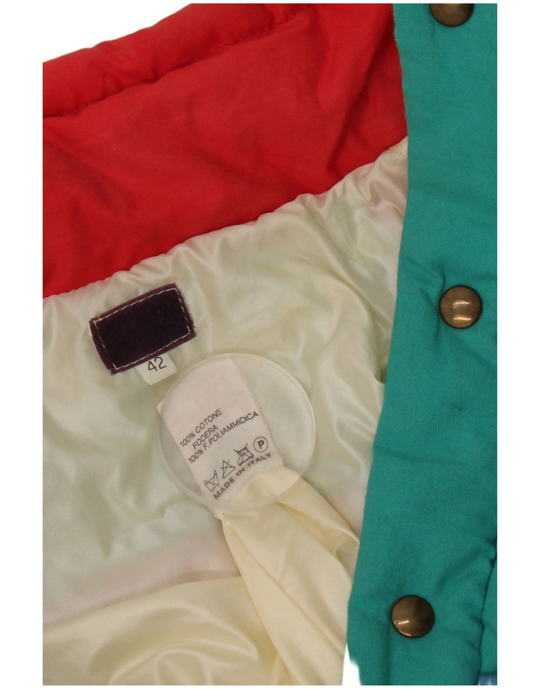 Giacca imbottita con cappuccio da donna vintage IT 42 Colorblock medio multicolore