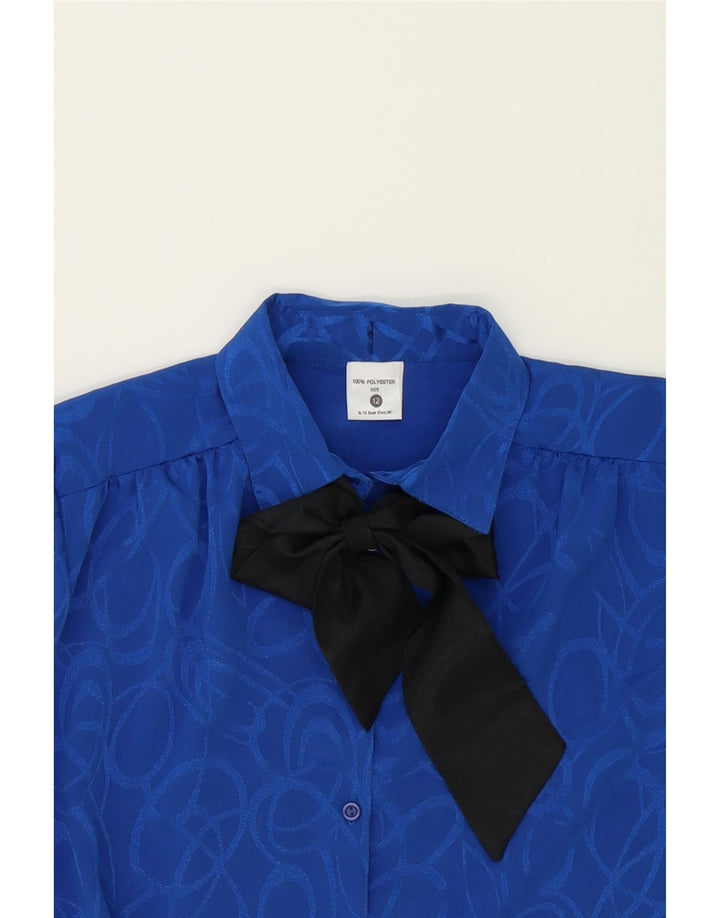 VINTAGE Womens Abstract Pattern Front Tie Shirt Blouse UK 12 Medium Blue Vintage Vintage and Second-Hand Vintage from Messina Hembry 