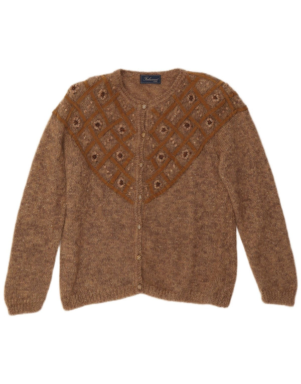 Maglione cardigan da donna vintage UK 14 lana floreale marrone medio