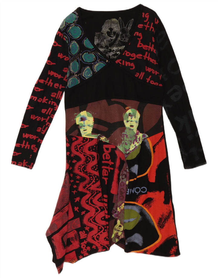 Desigual Abito asimmetrico grafico da donna UK 18 XL Patchwork nero