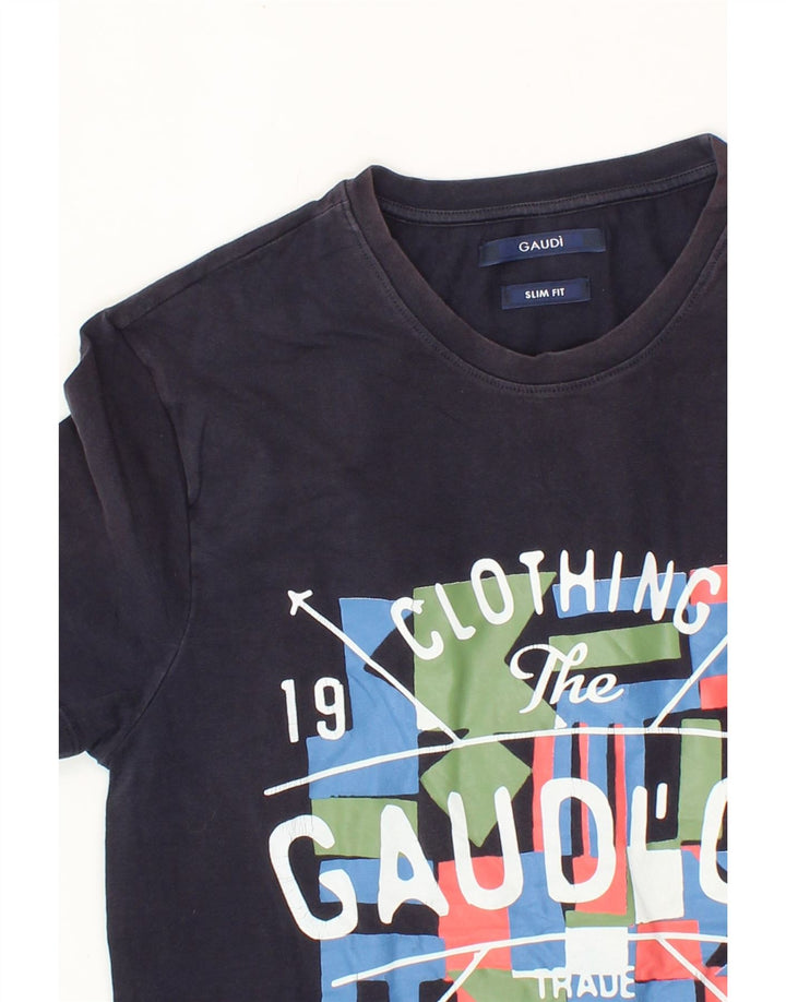 GAUDI Mens Slim Fit Graphic T-Shirt Top Medium Navy Blue Cotton Vintage Gaudi and Second-Hand Gaudi from Messina Hembry 