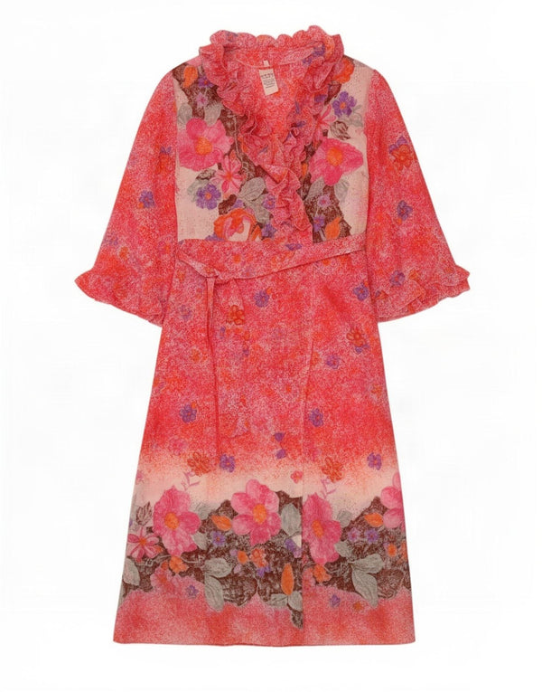 Abito vintage da donna con maniche a 3/4 con volant sul davanti IT 48 XL Rosso floreale