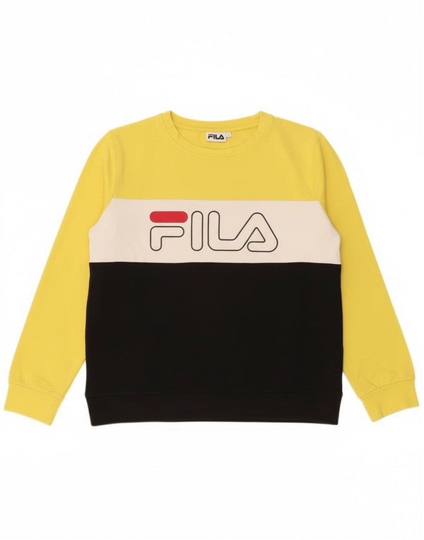 Fila Felpa con grafica da donna Maglione UK 16 Large Giallo Colorblock Cotone