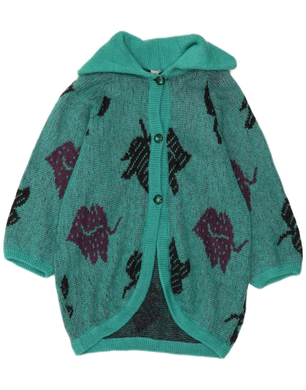 Maglione cardigan lungo da donna vintage UK 16 grande turchese floreale