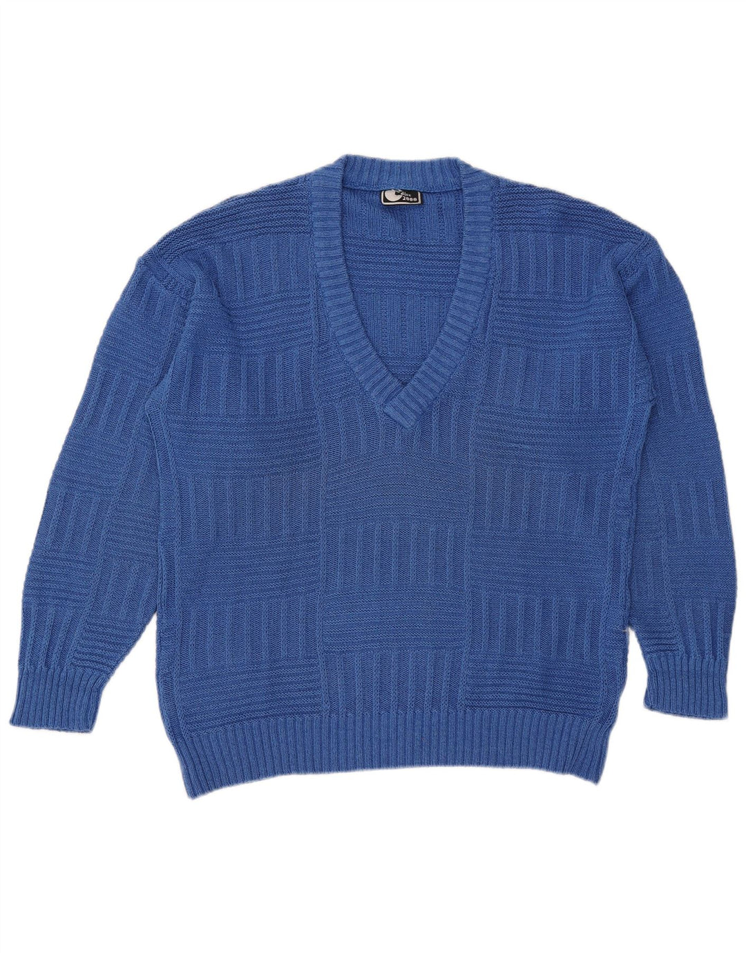 Maglione vintage da uomo con scollo a V in cotone blu medio