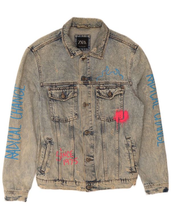 Giacca in denim grafico da uomo Zara UK 40 grande cotone blu
