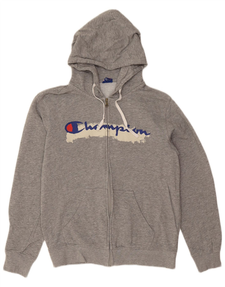 Maglione con cappuccio e zip grafica da uomo Champion piccolo in cotone grigio
