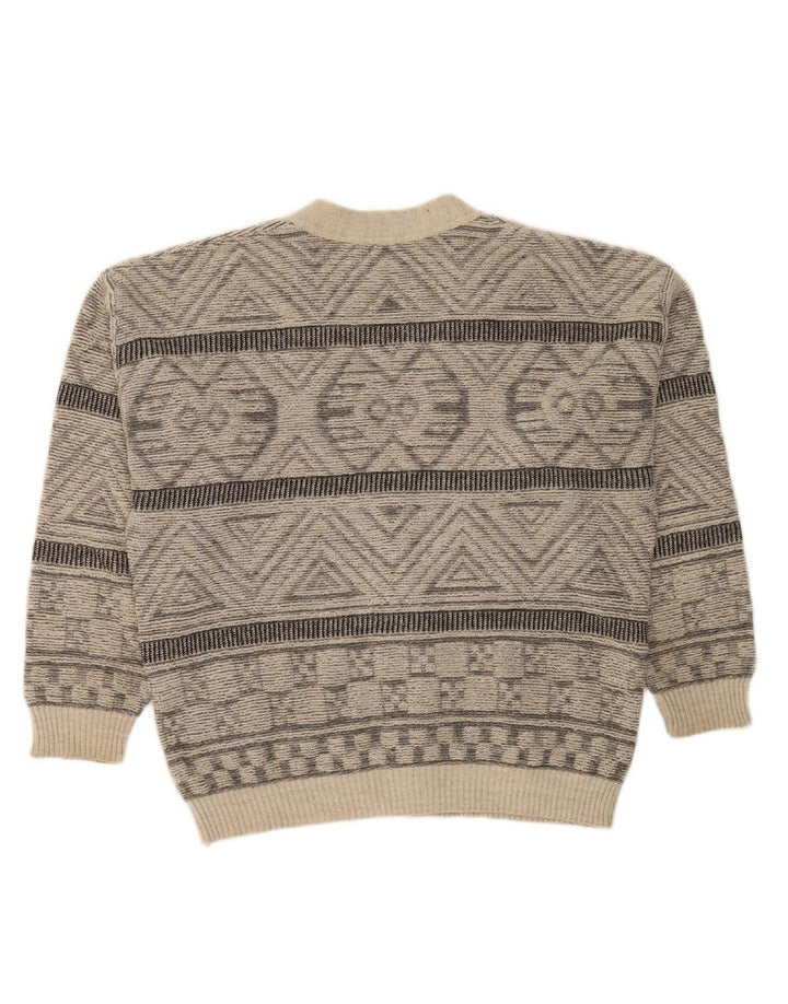 VINTAGE Mens Cardigan Sweater XL Grey Geometric